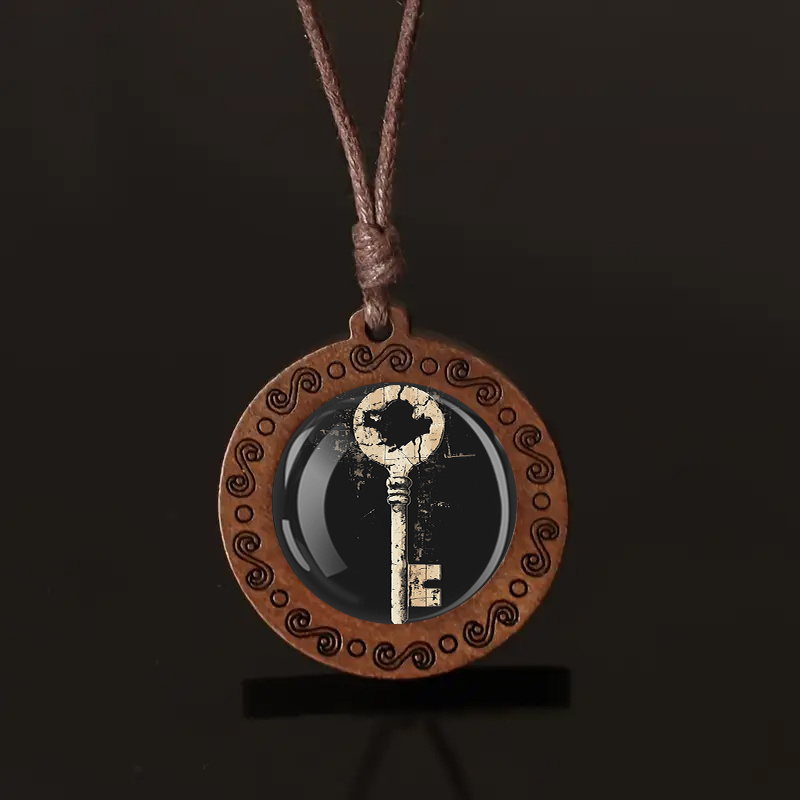 Vintage Key Pendant Necklace with Rustic Wood Chain